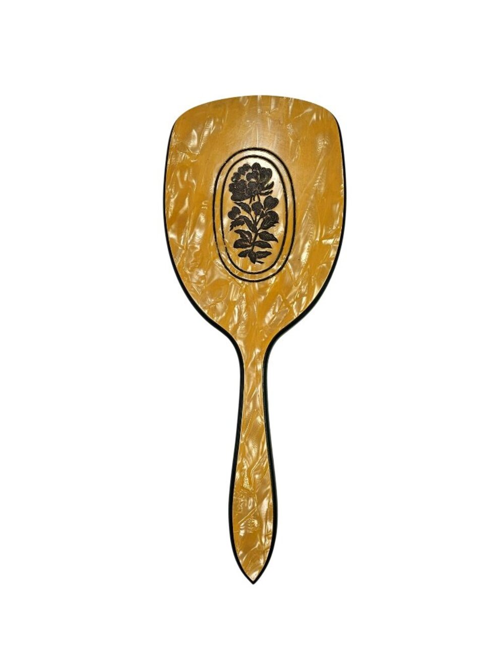 Dupont Vintage Vanity Hand Mirror 12x5" Yellow Mother of Pearl Floral Celluloid